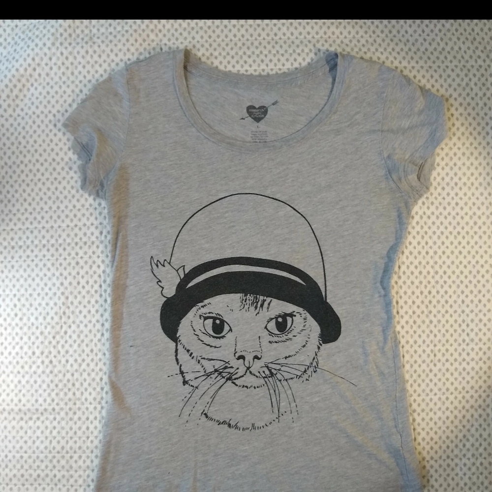 Shibuya Mon Amour Gray Cat Graphic T-Shirt Young Teen Girls Large
